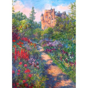 One of Royal Deeside's best known National Trust Castles. The garden's splendour is captured in this colourful print with the pink castle in the background.