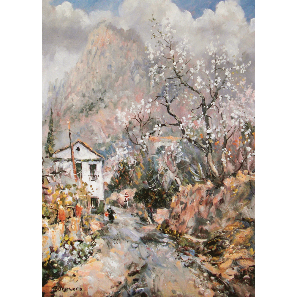 Almond Blossom and Puig Campana in Alicante province, Spain.