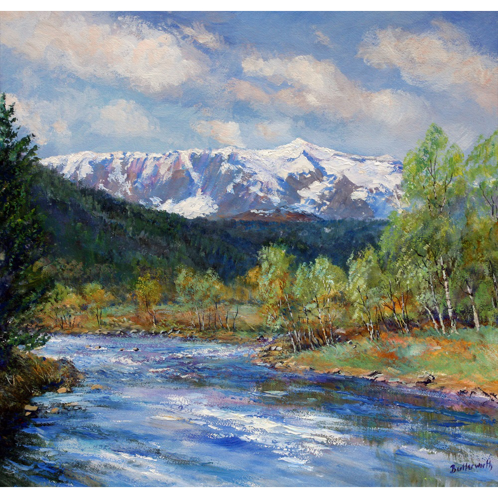 A beautiful spring day on Royal Deeside with the snow capped peaks of Lochnagar in the distance.